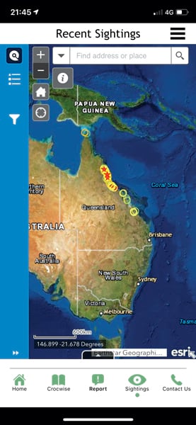 App map of the northeast coast of Australia marking where crocodiles have been spotted App map of the northeast coast of Australia marking where crocodiles have been spotted