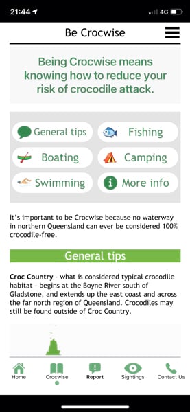 “Be Crocwise” app dashboard showing general tips, options for fishing, boating, camping, swimming, and more information “Be Crocwise” app dashboard showing general tips, options for fishing, boating, camping, swimming, and more information