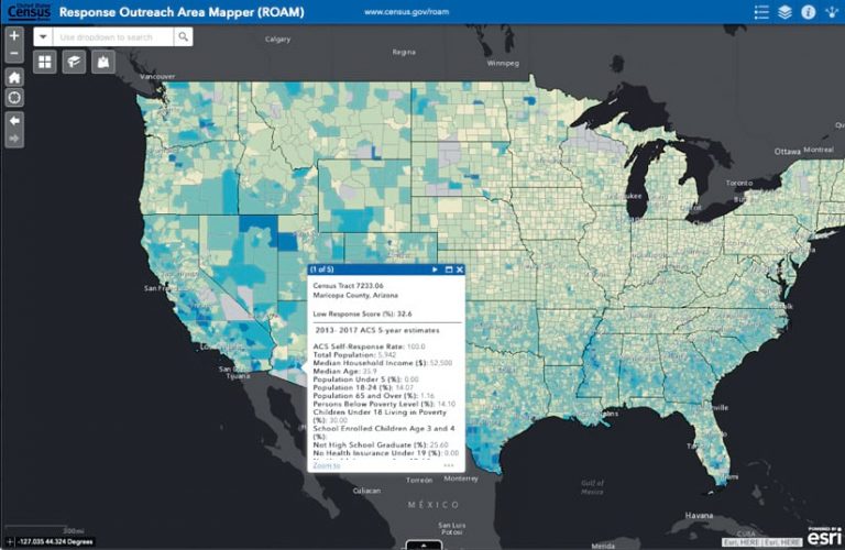 Map of the United States showing socioeconomic and demographic characteristics in light and dark blue areas