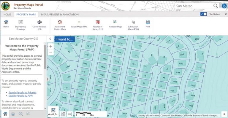 Dashboard of a property mapping portal with blue squares showing lots