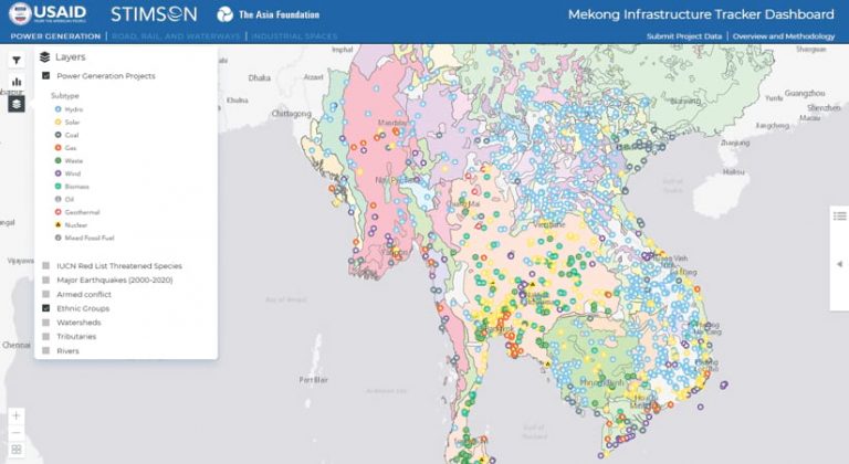 Mekong Infrastructure Tracker Dashboard with locations marked and highlighted in pink, green, blue, and yellow