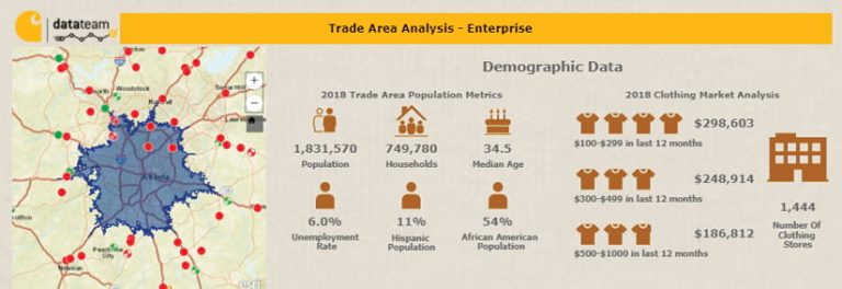 A demographic graph with icons of spending habits, people, households, median age, ethnicity, and more