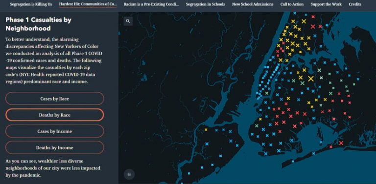 Map of New York City and red, blue, and yellow data pointing showing the effects of COVID-19 being exacerbated by racial segregation