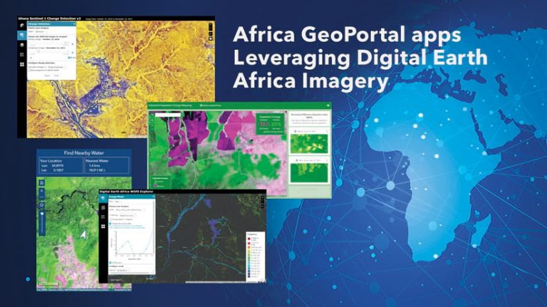 Africa GeoPortal map collage overlaid on a world map with text “Africa GeoPortal apps Leveraging Digital Earth Africa Imagery”.