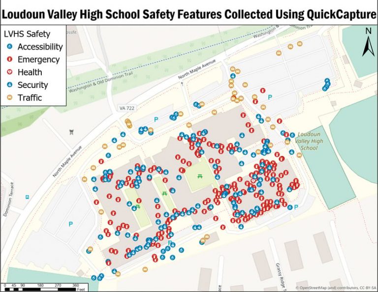 Map of Loudoun Valley High School campus safety features marked in yellow, red, and blue dots