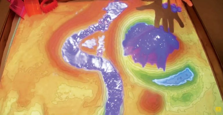 Augmented reality sandbox with colors of red, orange, blue, green, purple, and brown