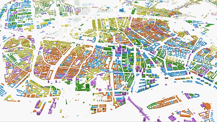 A smart map of a city with 3D buildings