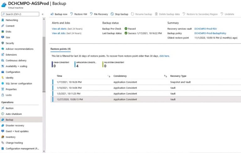 A screen that shows the backup status for a virtual machine