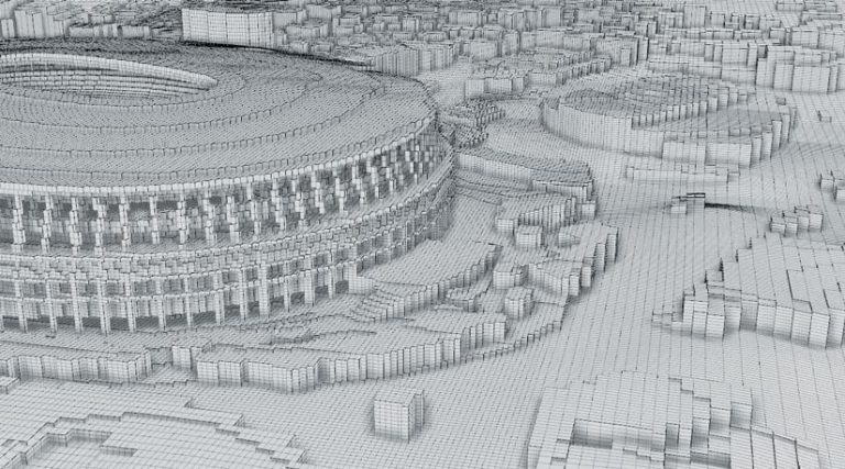 An up-close rendition of part of the stadium that shows the detailed grid points used in the analysis