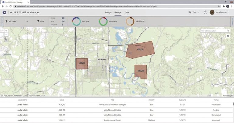 The ArcGIS Workflow Manager interface showing a few jobs on a map The ArcGIS Workflow Manager interface showing a few jobs on a map