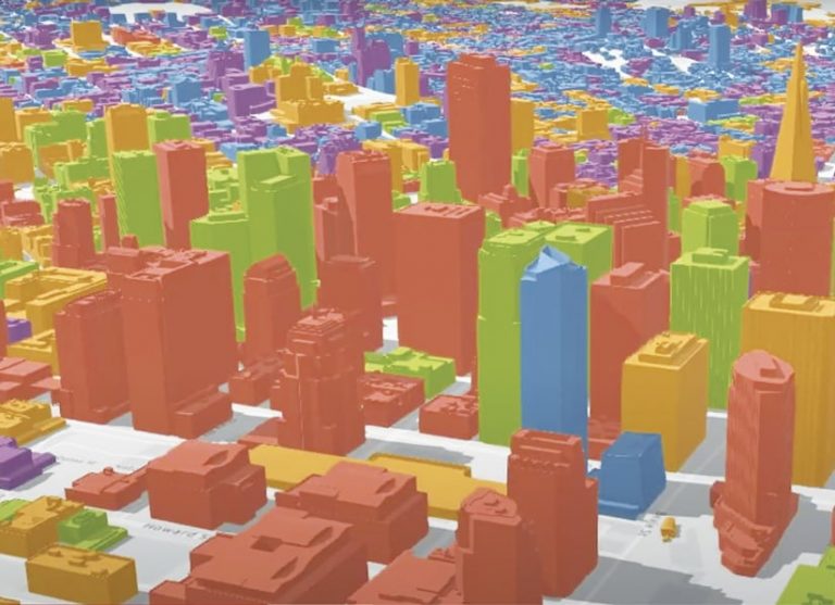 A 3D rendering of a city, with buildings shown in orange, green, blue, yellow, and other colors