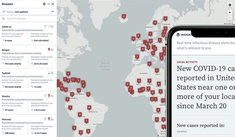 A tablet and a smartphone showing disease outbreaks around the world