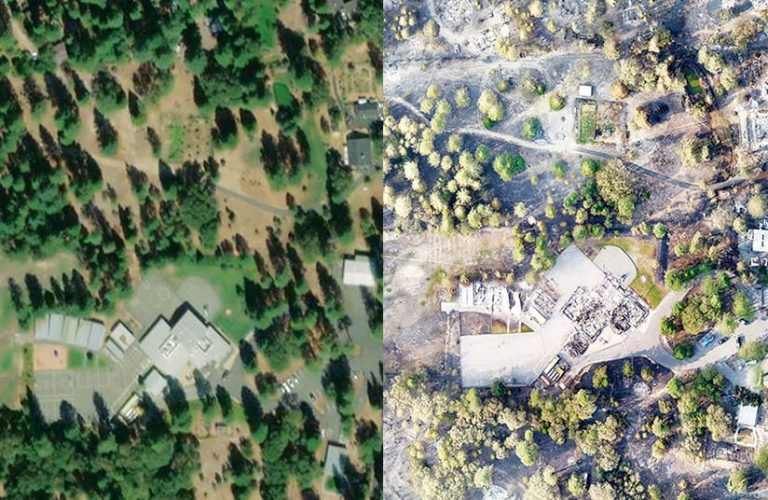 A time slider showing a forested area before and after a wildfire