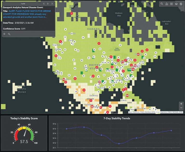 A dashboard with a map of the United States and stats showing disaster hot spots