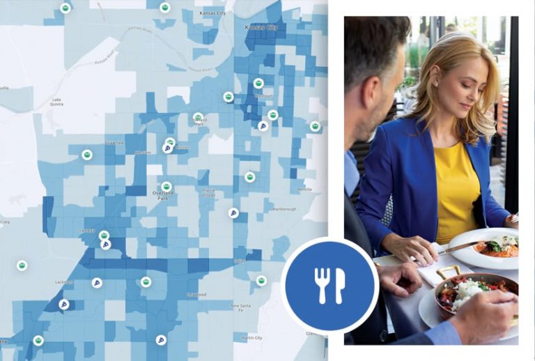 A map of restaurants around Kansas City with a photo of two people eating at a restaurant A map of restaurants around Kansas City with a photo of two people eating at a restaurant