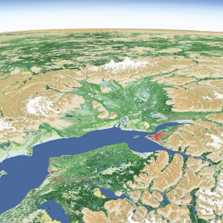 A 3D aerial map of Anchorage, Alaska, showing water and land A 3D aerial map of Anchorage, Alaska, showing water and land