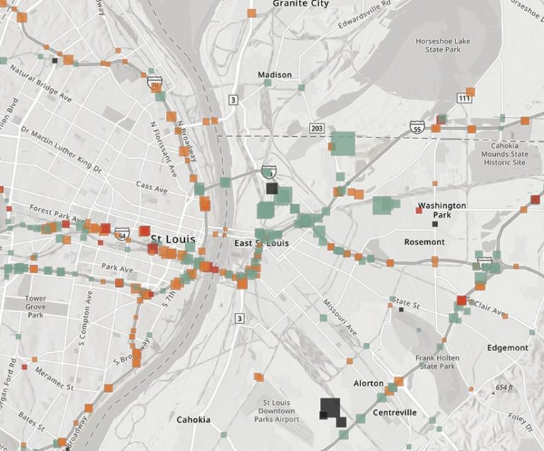 A gray map of St. Louis with green, orange, and red squares indicating bridges of different conditions A gray map of St. Louis with green, orange, and red squares indicating bridges of different conditions