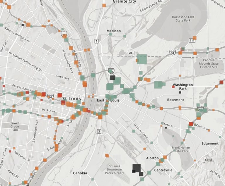 A gray map of St. Louis with green, orange, and red squares indicating bridges of different conditions