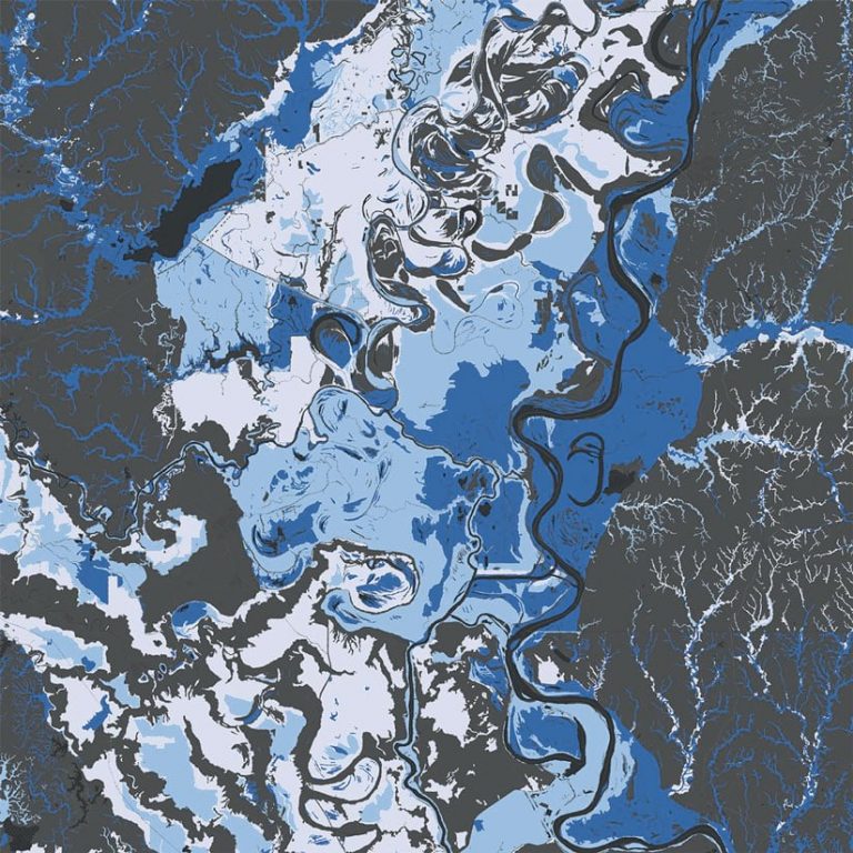 A dark gray map of rivers showing different long-term flooding effects in various shades of blue