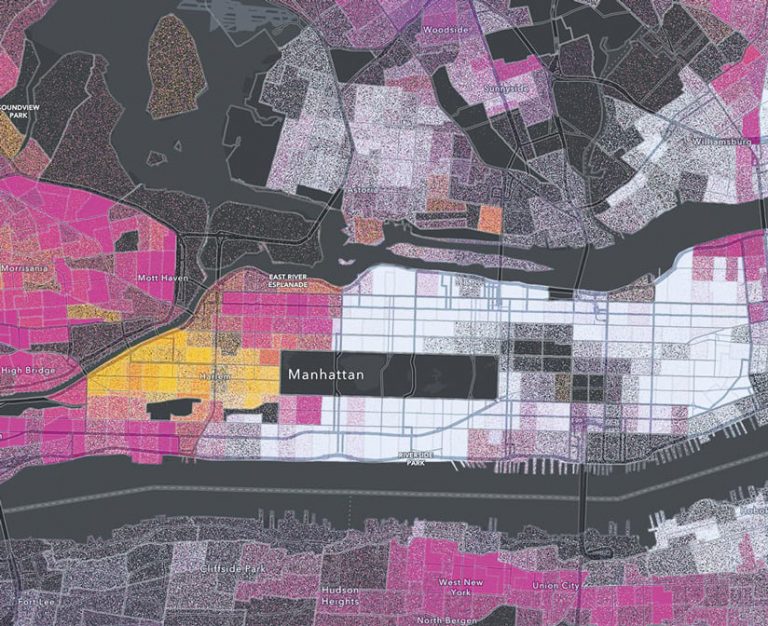 A dark gray map of New York City with clusters of pink, orange, and yellow dots representing different racial and ethnicity groups A dark gray map of New York City with clusters of pink, orange, and yellow dots representing different racial and ethnicity groups