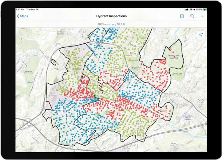 A map of hydrants throughout Charlottesville, some of which are green, some of which are red, and some of which are blue A map of hydrants throughout Charlottesville, some of which are green, some of which are red, and some of which are blue
