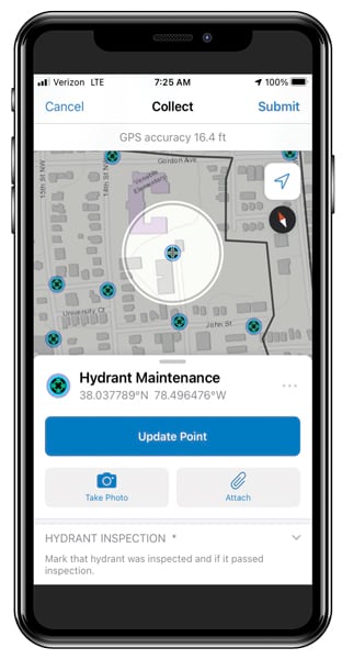 A hydrant inspection screen, with a map and an Update Point button, shown on a smartphone A hydrant inspection screen, with a map and an Update Point button, shown on a smartphone