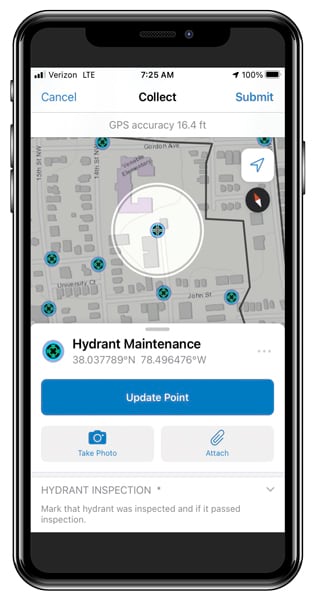 A hydrant inspection screen, with a map and an Update Point button, shown on a smartphone