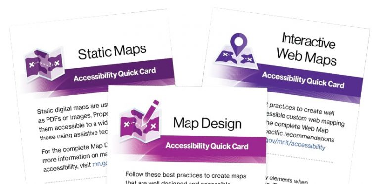 Three accessibility quick cards for static maps, map design, and interactive web maps