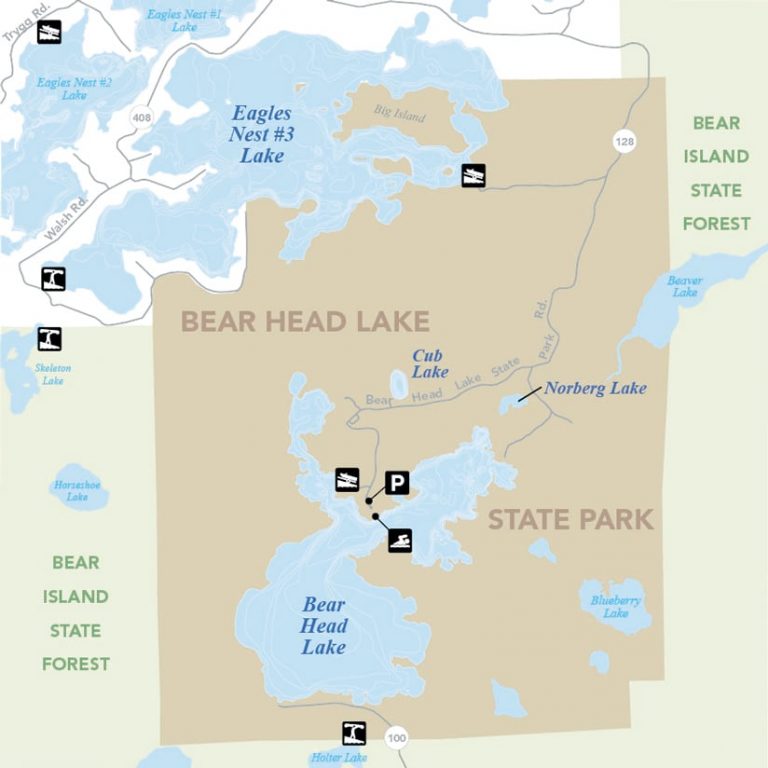 A clearly labeled map of a state park and forest with lakes, where brown represents the park, green represents the forest, and blue represents the lakes