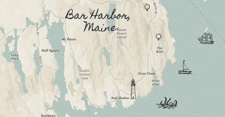 A map labeled Bar Harbor, Maine, that shows landmarks, such as a lighthouse, and illustrations in the ocean, such as an octopus and some ships