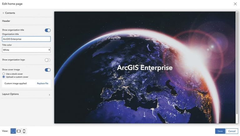 The home page editor in ArcGIS Enterprise showing a header that says ArcGIS Enterprise and a custom cover image that’s the earth from space with the sun rising over the horizon