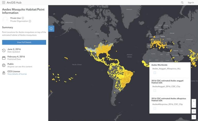 A map of the world that shows, using orange and yellow dots, the habitats of the Aedes mosquito