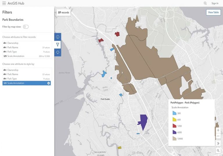 A map that shows park boundaries in brown, purple, blue, red, and yellow