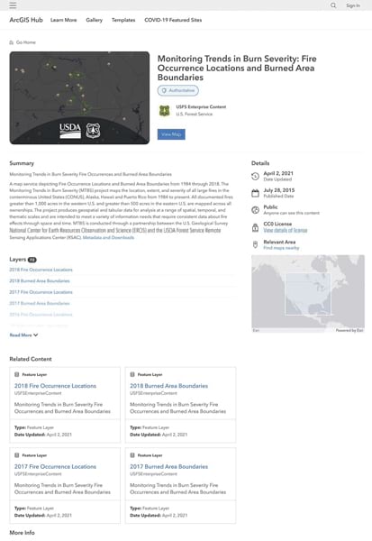 The full details page for a map service on fire occurrence locations and burned area boundaries from the US Forest Service The full details page for a map service on fire occurrence locations and burned area boundaries from the US Forest Service