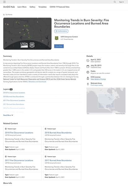 The full details page for a map service on fire occurrence locations and burned area boundaries from the US Forest Service