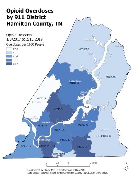 A map of the rate of opioid overdoses in each 911 district from January 3, 2017, to February 15, 2019, in Hamilton County A map of the rate of opioid overdoses in each 911 district from January 3, 2017, to February 15, 2019, in Hamilton County