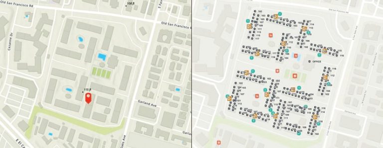 Two maps of a complex, one with a single pinpoint for the whole complex and one with markers for each unit and other areas of interest