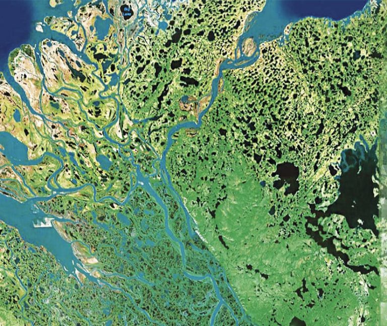 A high-resolution image of rivers and lakes with green land all around