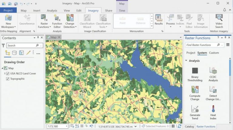 The ArcGIS Pro interface showing imagery of a blue lake and green and yellow land