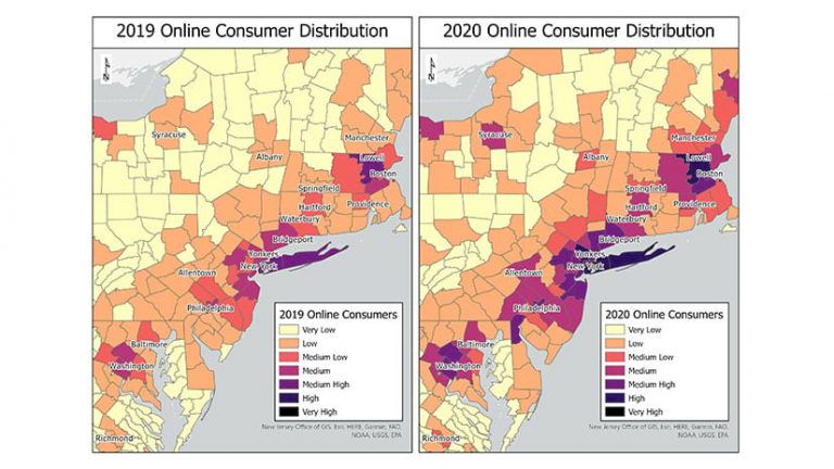 A map of customer data showing online sales in 2019 versus 2020 A map of customer data showing online sales in 2019 versus 2020