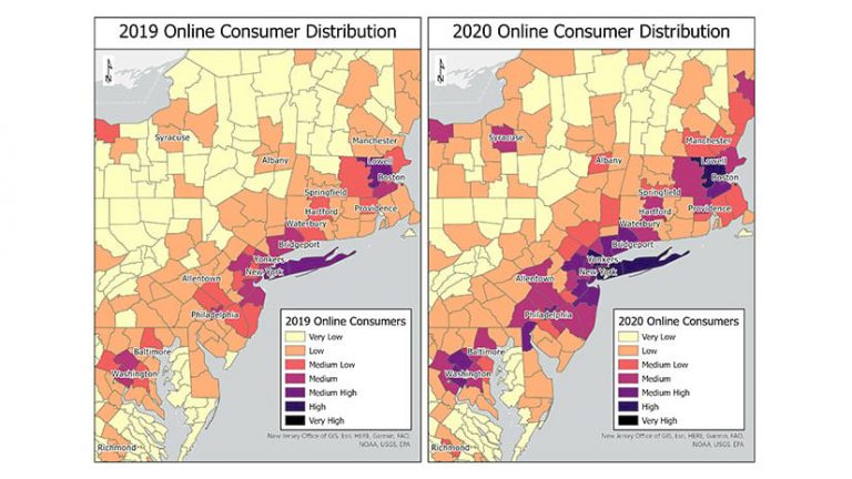 A map of customer data showing online sales in 2019 versus 2020