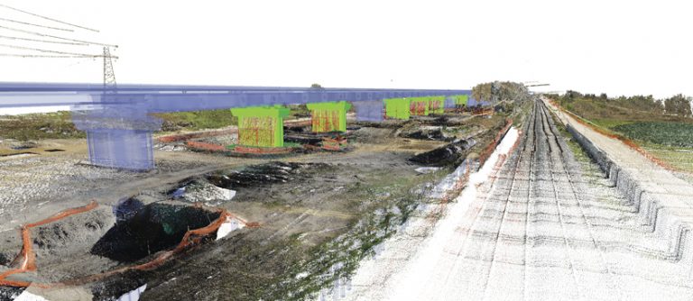 A model of a viaduct superimposed onto imagery of the area, with the pillars that have already been constructed highlighted in green and future construction highlighted in purple