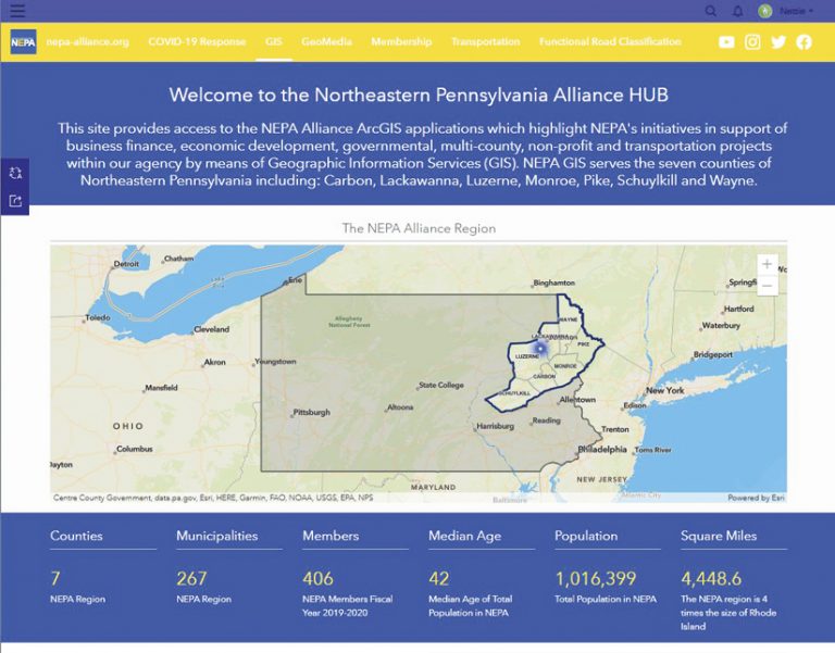 A Hub site that says, “Welcome to the Northern Pennsylvania Alliance HUB,” with text explains the site, a map of Pennsylvania that highlights NEPA’s area of operation, and stats about the jurisdiction