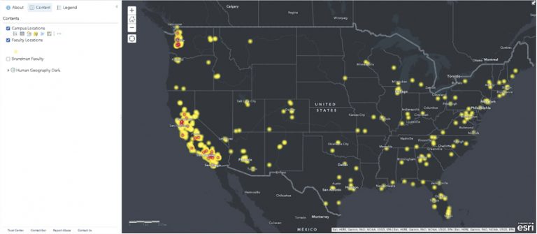 A map of the United States in the ArcGIS interface showing where UMass Global campuses and faculty members are located