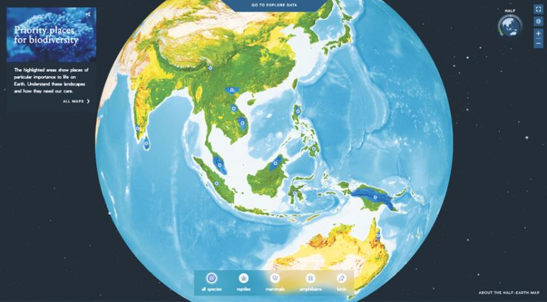 A globe centered on Indonesia and surrounding countries that pinpoints places that are priorities for biodiversity