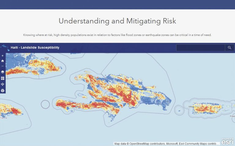 A colorful map of some Caribbean islands below the words, “Understanding and Mitigating Risk”