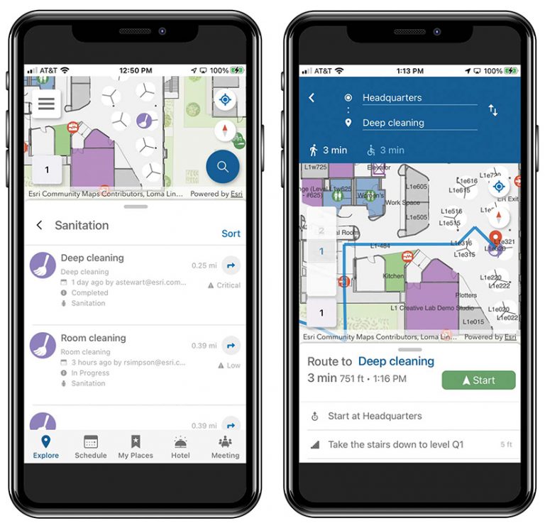 Two smartphones, one showing a map of an office with a list of cleaning operations that have been performed in the area and the other showing a map with navigation on it to help someone get to where a deep cleaning needs to be done