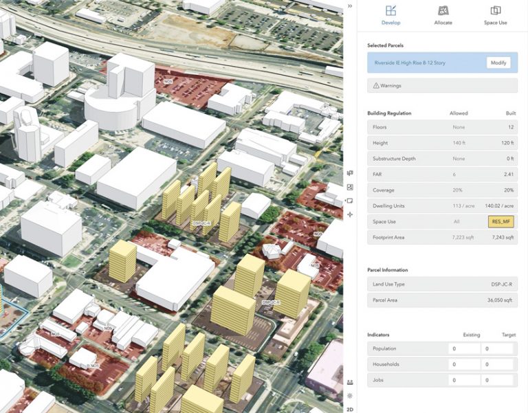 A 3D rendering of an urban area on the left with options on the right that can be adjusted for particular parcels, such as building regulations and land use type