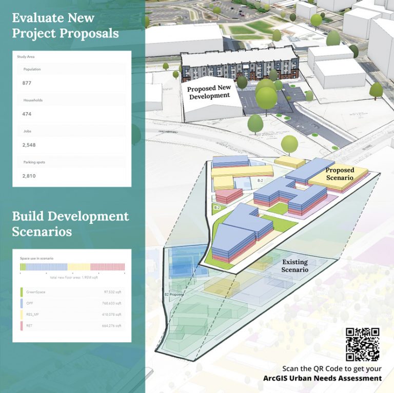 A 3D rendering of a proposed development floating atop an existing development with a box on the left that shows stats about the project proposal and development scenarios A 3D rendering of a proposed development floating atop an existing development with a box on the left that shows stats about the project proposal and development scenarios