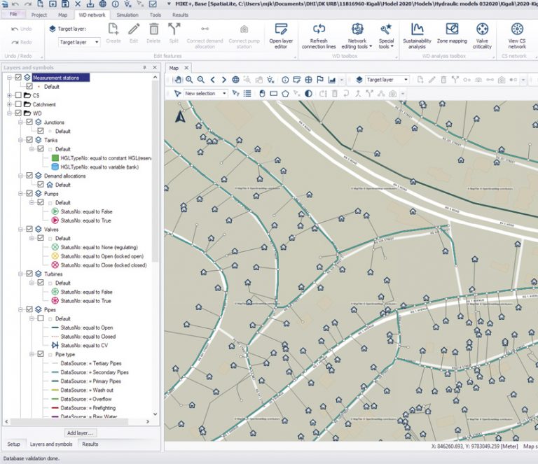 A map of the water distribution network in one neighborhood in Kigali, shown in the MIKE+ interface A map of the water distribution network in one neighborhood in Kigali, shown in the MIKE+ interface